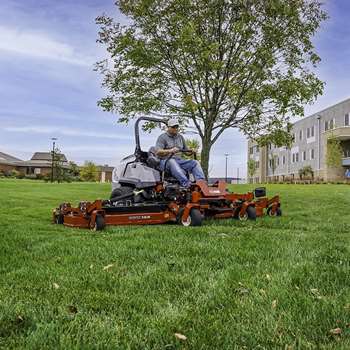 Grounds keeper mowing with the Exmark 144-inch Lazer Z zero-turn mower